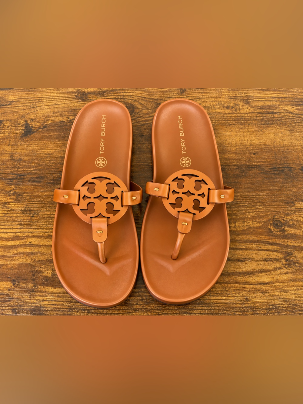 Tory Burch Cognac Leather Logo Thong Sandals